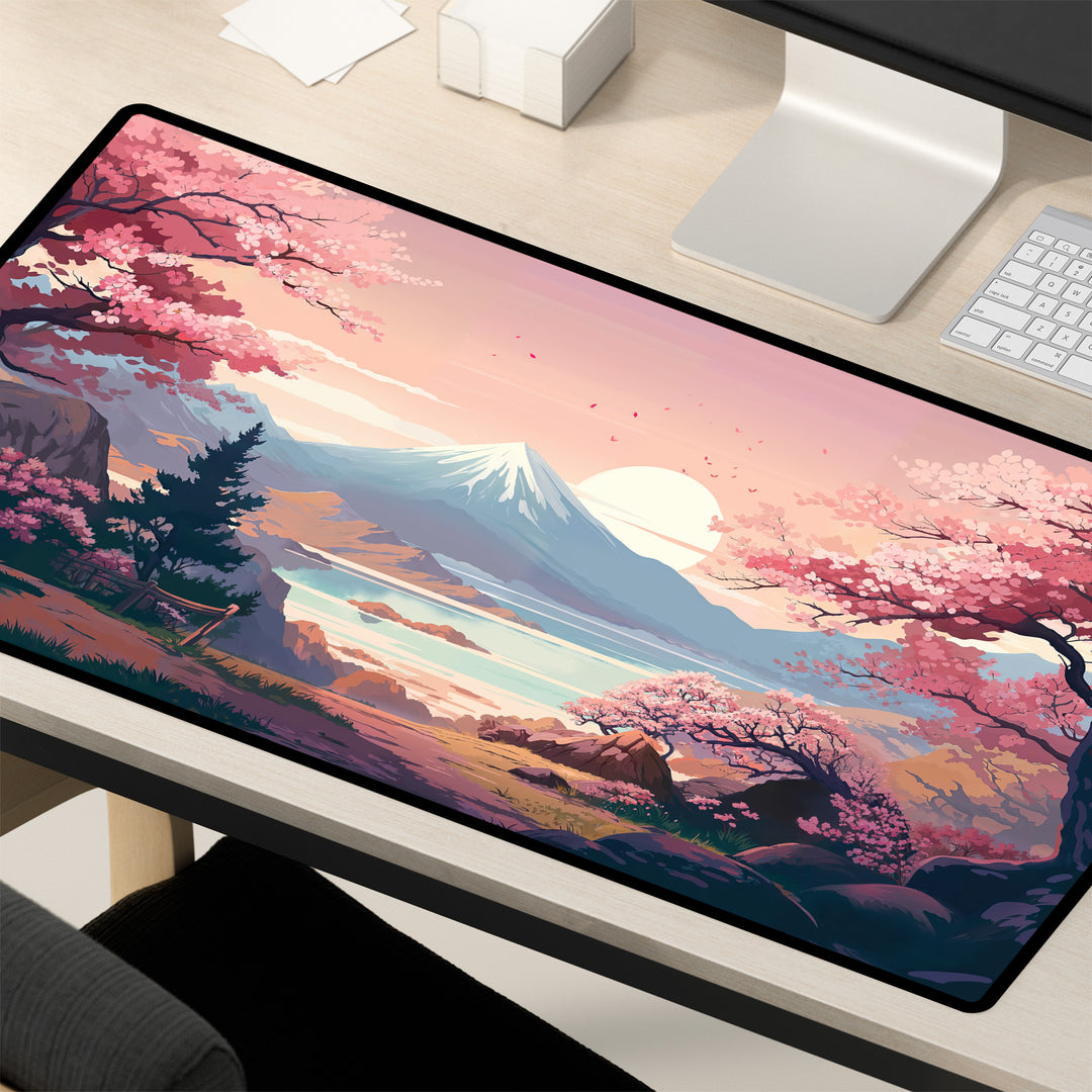 A desktop setup showcasing the Cherry Blossom Anime Desk Mat, depicting sakura trees, a serene lake, and distant mountains beneath a pink sky. This kawaii aesthetic is complemented by its placement on a light wood desk alongside a keyboard and monitor.