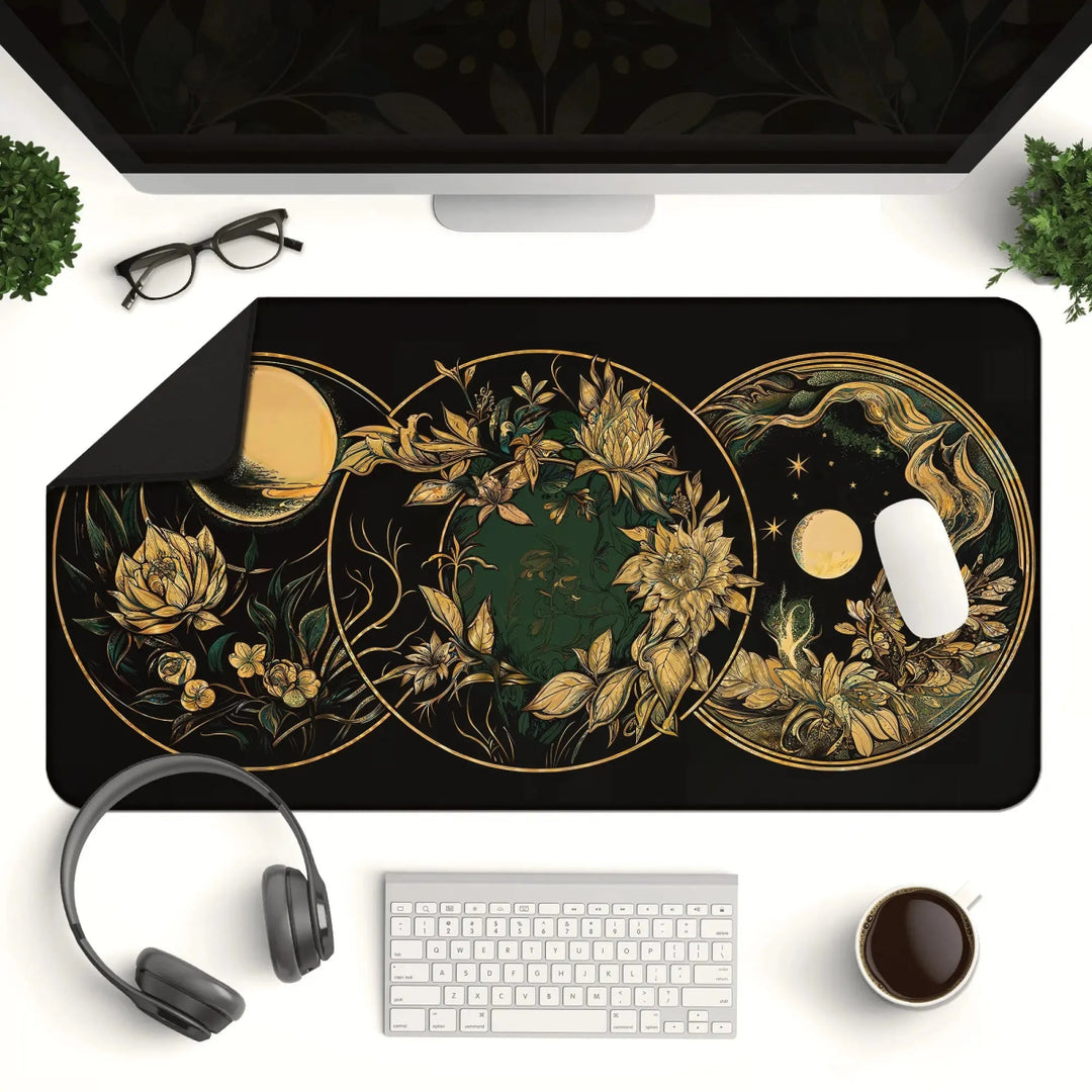 A computer monitor sits on a desk with a keyboard, headphones, coffee mug, and glasses. The Art Nouveau Celestial Moon Desk Mat – Witch Aesthetic Gaming Mouse Pad features a black and gold design with botanical and mystical motifs including flowers, leaves, the moon, and stars. The mouse is placed on the mat.