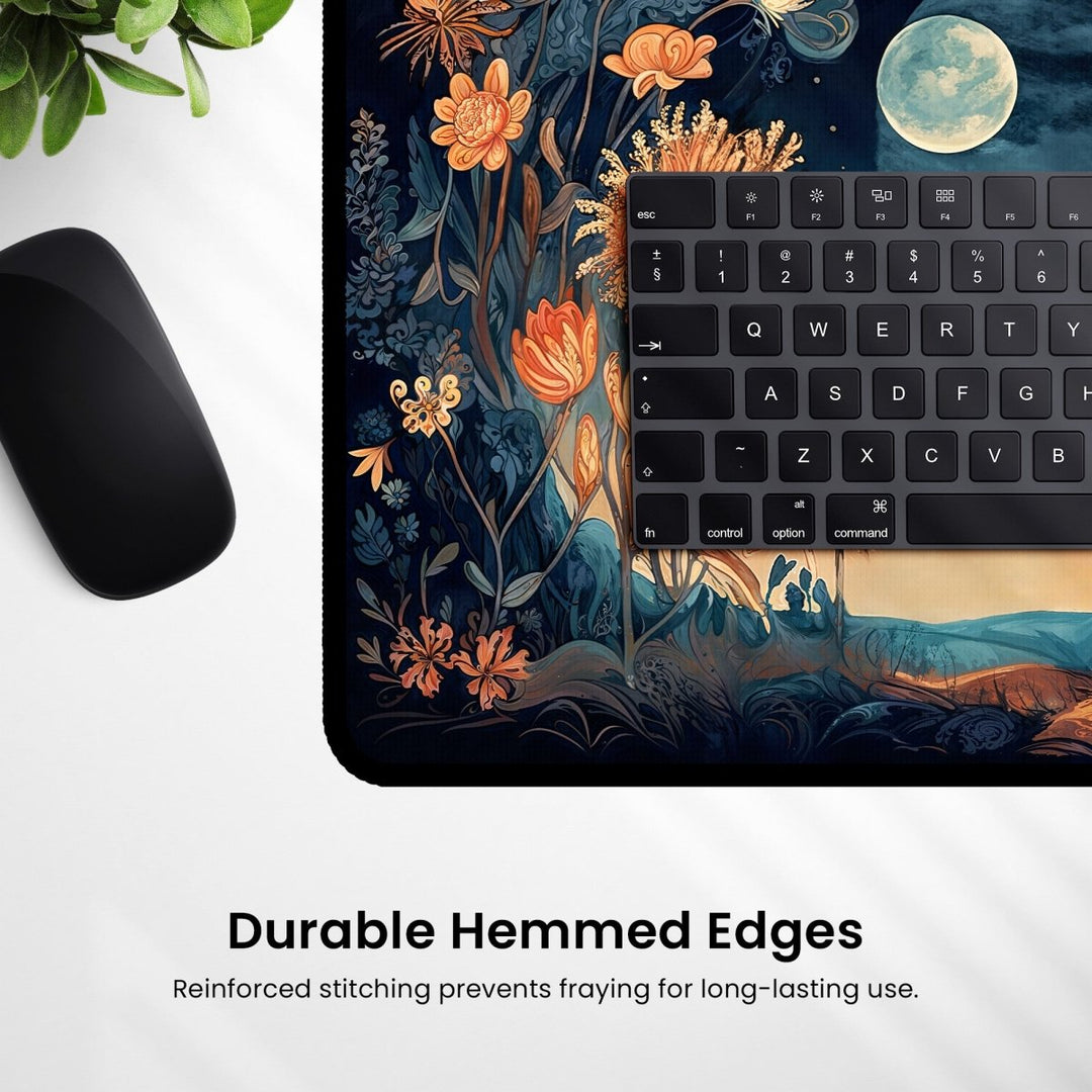 Home Decor - A black computer mouse and keyboard rest on the Celestial Floral Desk Mat – a large, moon - themed mouse pad ideally suited for office or gaming. The dark, celestial backdrop with a stunning moonlit design provides an elegant setting. At the bottom, the text "Durable Hemmed Edges: Reinforced stitching prevents fraying for long - lasting use." is displayed. - Kaladyn Designs