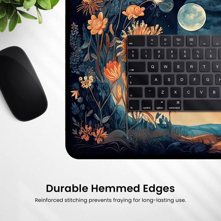 Home Decor - A black computer mouse and keyboard rest on the Celestial Floral Desk Mat – a large, moon - themed mouse pad ideally suited for office or gaming. The dark, celestial backdrop with a stunning moonlit design provides an elegant setting. At the bottom, the text "Durable Hemmed Edges: Reinforced stitching prevents fraying for long - lasting use." is displayed. - Kaladyn Designs