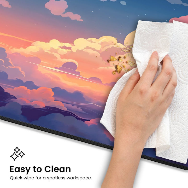 Home Decor - A hand holding a paper towel wipes the Cloud Desk Mat – Cute Large Mouse Pad for Gaming & Office Setup, depicting a vibrant sky with clouds and a setting sun. Text at the bottom reads "Easy to Clean: Quick wipe for a spotless workspace. - Kaladyn Designs