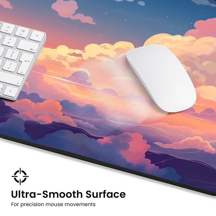 Home Decor - A white computer keyboard and mouse rest on the vibrant Cloud Desk Mat – Cute Large Mouse Pad for Gaming & Office Setup, adorned with a sky and clouds design. The text reads "Ultra - Smooth Surface - For precision mouse movements. - Kaladyn Designs