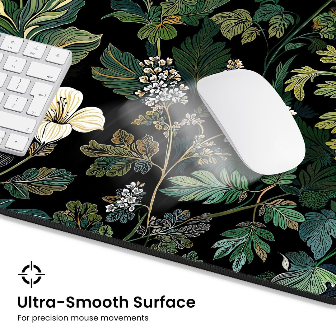 Home Decor - A white computer mouse and a section of a keyboard sit on an Elegant Botanical Black Floral Desk Mat, showcasing a floral design with green and white leaves set against a black background. The bottom of the mat displays the text, "Ultra - Smooth Surface for precision mouse movements. - Kaladyn Designs