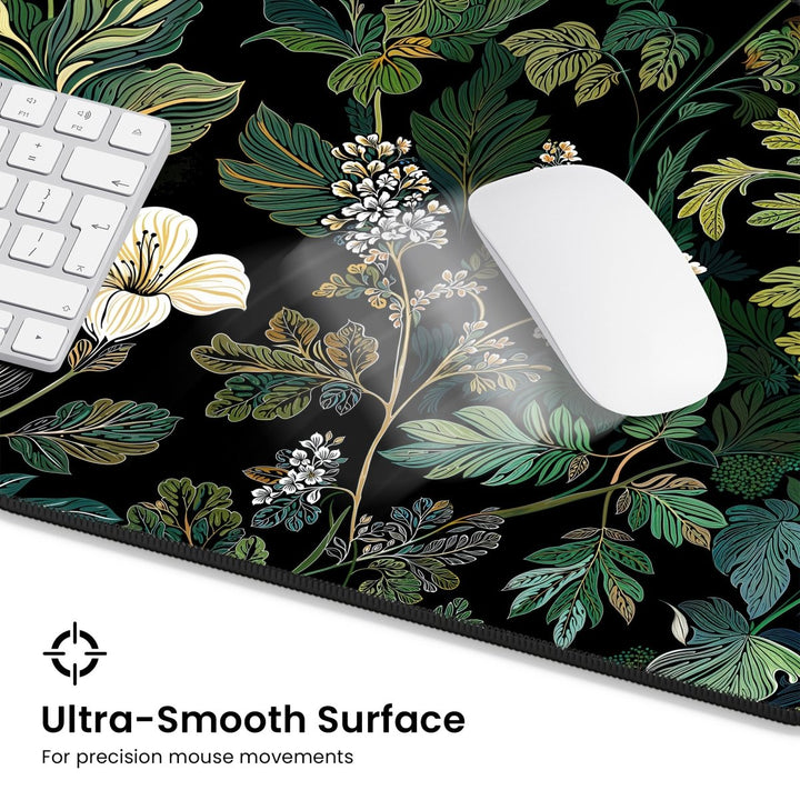 Home Decor - A white computer mouse and a section of a keyboard sit on an Elegant Botanical Black Floral Desk Mat, showcasing a floral design with green and white leaves set against a black background. The bottom of the mat displays the text, "Ultra - Smooth Surface for precision mouse movements. - Kaladyn Designs
