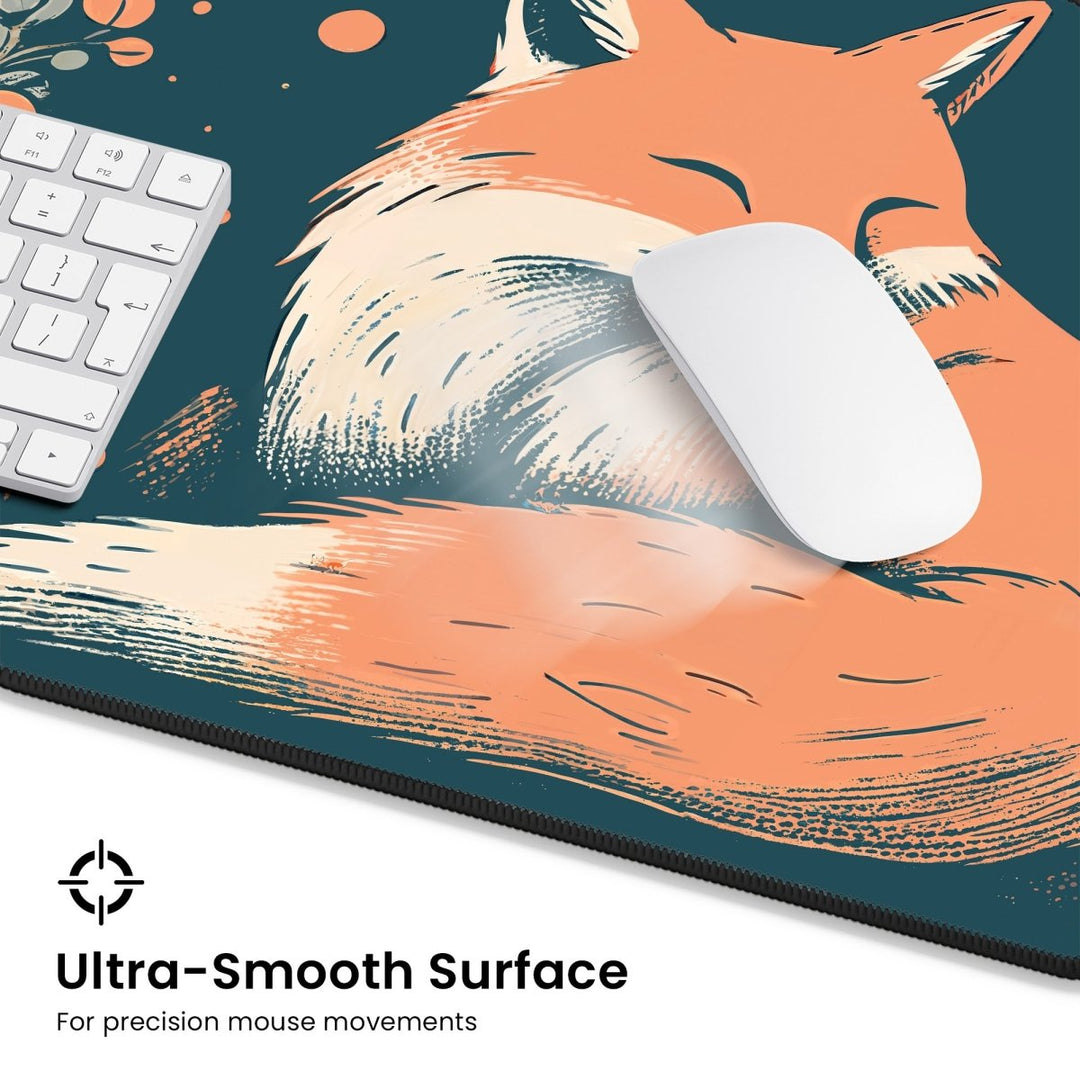 Home Decor - On a nature - themed Fox Desk Mat – Large Cute Fox Mouse Pad for Office & Gaming Setup, a sleek white computer mouse and keyboard rest on a mouse pad featuring an illustration of a sleeping fox on a teal background. Text at the bottom reads, "Ultra - Smooth Surface - For precision mouse movements." The fox illustration adds woodland charm with its orange, white, and teal tones. - Kaladyn Designs