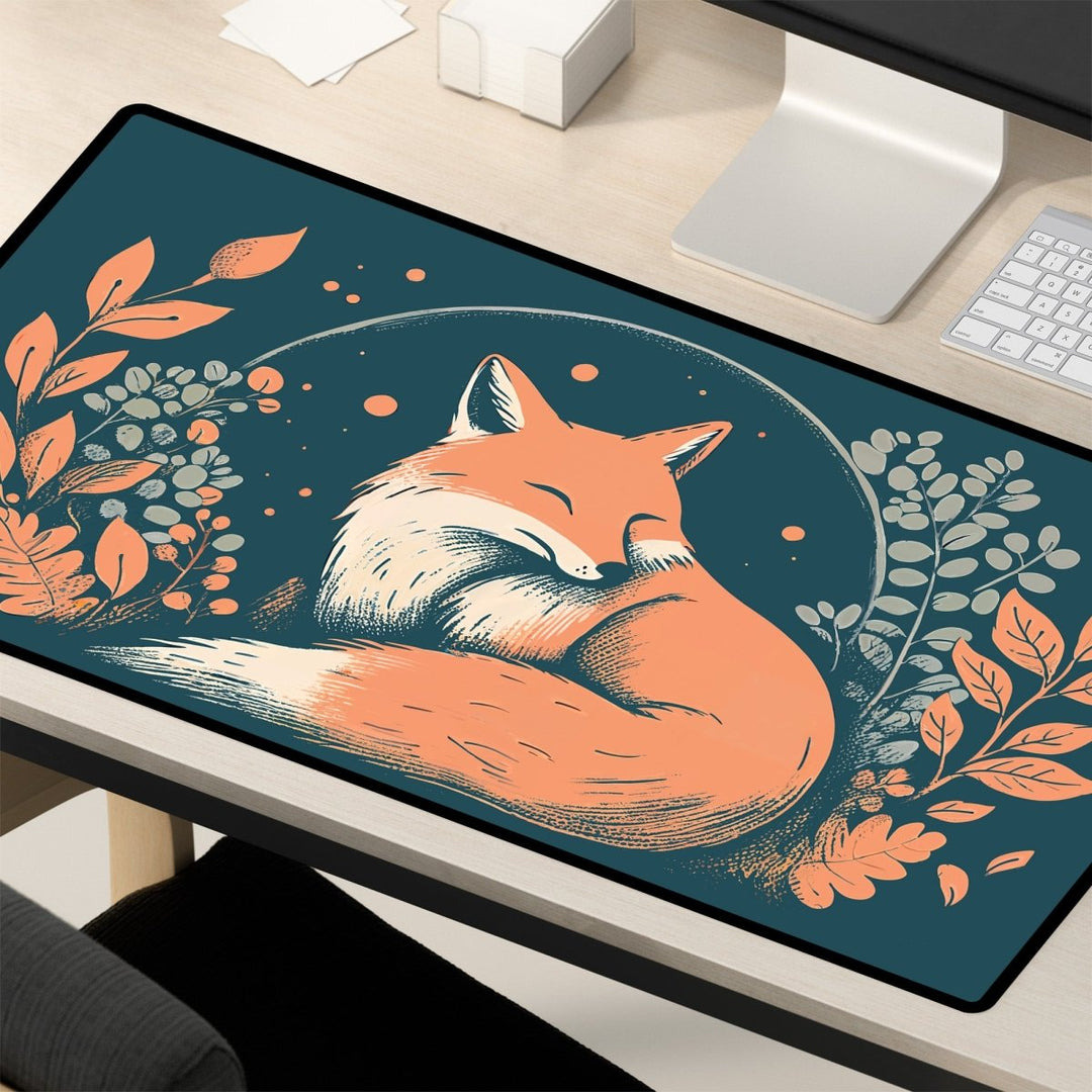 Home Decor - A desk setup includes a computer monitor, keyboard, and a Fox Desk Mat – Large Cute Fox Mouse Pad for Office & Gaming Setup, featuring an illustration of a sleeping fox surrounded by leaves and branches on a dark background. The nature - themed decor in predominantly orange, green, and blue adds a touch of woodland charm. - Kaladyn Designs