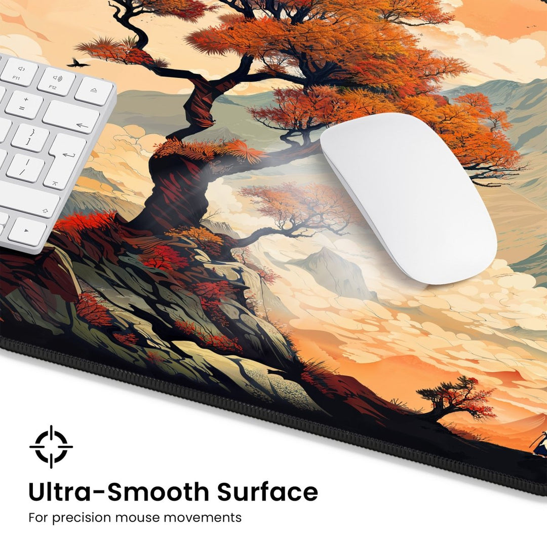 Home Decor - Close - up of a computer keyboard and mouse on the Japanese Desk Mat – Large Mouse Pad with Japanese Art - Inspired Design for Office & Gaming, featuring a scenic, stylized design of a tree and landscape in warm colors. The text reads: "Ultra - Smooth Surface - For precision mouse movements." This desk mat makes perfect Japanese gifts for enthusiasts. - Kaladyn Designs