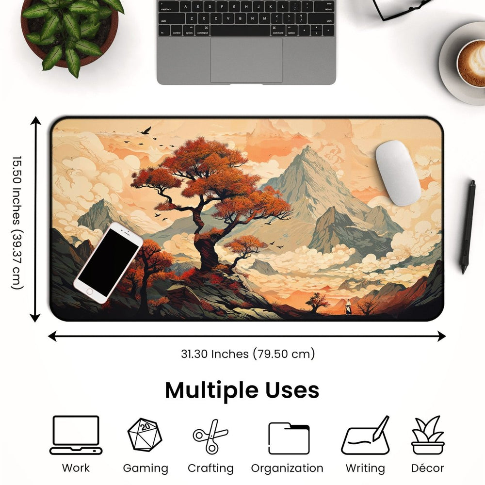 Home Decor - A large Japanese Desk Mat – a mouse pad featuring a Japanese art - inspired design with dimensions of 31.30 inches by 15.50 inches (79.50 cm by 39.37 cm) – sits on a desk adorned with mountains and trees artwork. Nearby are a laptop, headphones, plant, coffee cup, notepad, and a smartphone. - Kaladyn Designs