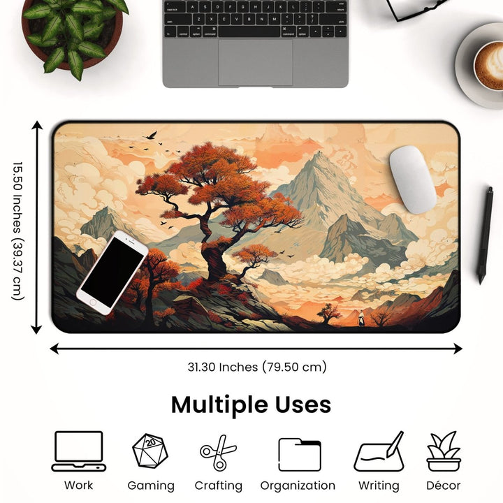 Home Decor - A large Japanese Desk Mat – a mouse pad featuring a Japanese art - inspired design with dimensions of 31.30 inches by 15.50 inches (79.50 cm by 39.37 cm) – sits on a desk adorned with mountains and trees artwork. Nearby are a laptop, headphones, plant, coffee cup, notepad, and a smartphone. - Kaladyn Designs