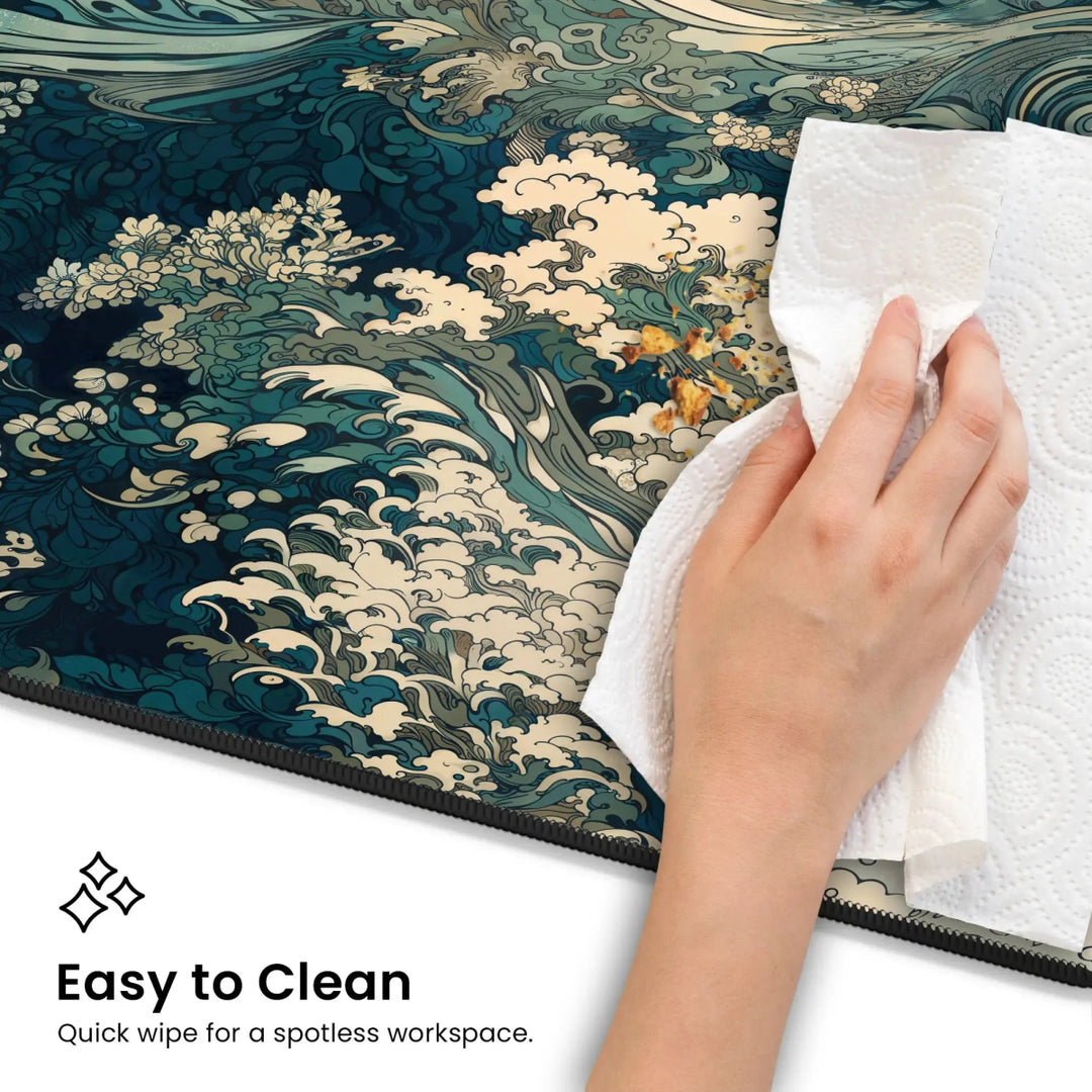 A hand uses a white paper towel to clean a spill on a blue and green patterned surface, possibly the Japanese Ukiyo-e Inspired Desk Mat – Large Neoprene Gaming Mouse Pad & Office Decor. The text "Easy to Clean - Quick wipe for a spotless workspace" is displayed in the lower left corner, highlighting both functionality and traditional Japanese art as part of your workspace decor.