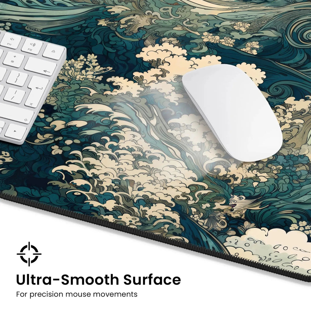 A close-up shot of a desk setup showcases a white keyboard and mouse resting on the Japanese Ukiyo-e Inspired Desk Mat – Large Neoprene Gaming Mouse Pad & Office Decor. The mat features intricate, wavy patterns in various shades of green and cream. Text overlays read, "Ultra-Smooth Surface for precision mouse movements." This elegant piece adds an artistic touch to workspace decor.