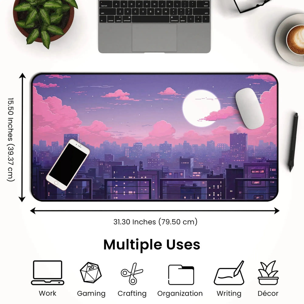 The Kawaii Desk Mat – Lofi Vaporwave Pixel Art Anime Mouse Pad for Gaming & Work features dimensions of 31.30 inches by 15.50 inches (79.50 cm by 39.37 cm) and showcases a cityscape design under a large moon with pink clouds in a lofi vaporwave style. It is perfectly styled on a desk alongside a smartphone, mouse, and coffee cup, making it ideal for work, gaming, crafting, and writing.