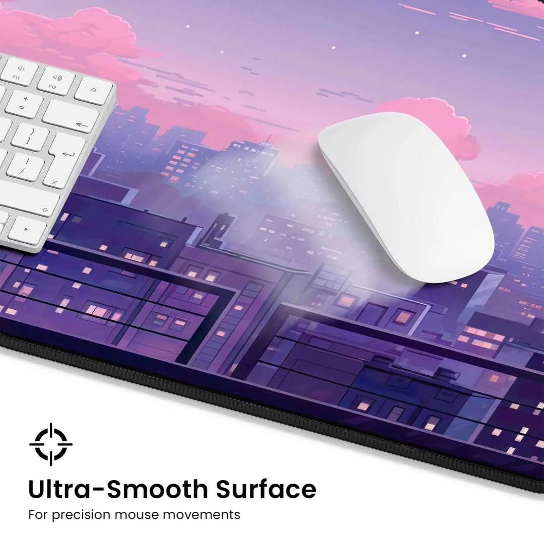 A white keyboard and mouse on the Kawaii Desk Mat – Lofi Vaporwave Pixel Art Anime Mouse Pad for Gaming & Work, showcasing a cityscape under a pink and purple sunset sky. The phrases "Ultra-Smooth Surface" and "For precision mouse movements" are displayed at the bottom, enhancing your workspace with a touch of lofi vaporwave charm.
