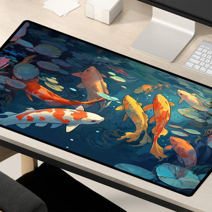 Home Decor - A desk showcases a computer keyboard and monitor positioned on the Koi Fish Desk Mat – Large Japanese - Inspired Mouse Pad for Office & Gaming, which features a colorful illustration of koi fish. The design includes vibrant hues of orange, yellow, and white koi swimming among water lilies and green foliage, creating an immersive underwater scene. - Kaladyn Designs