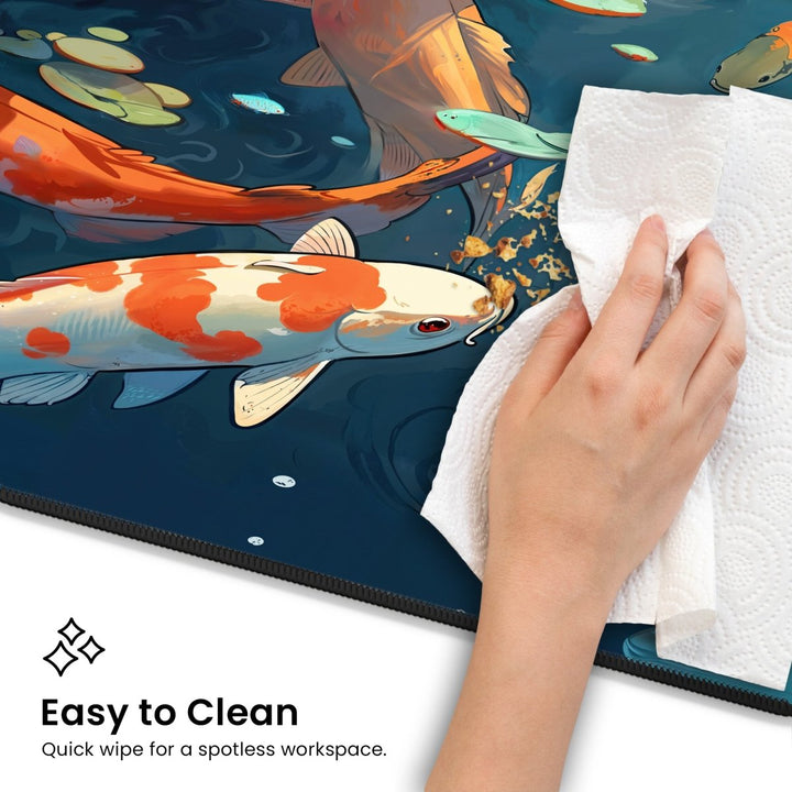 Home Decor - A hand using a paper towel to wipe the surface of the Koi Fish Desk Mat – Large Japanese - Inspired Mouse Pad for Office & Gaming, which features a vibrant koi fish design. The text "Easy to Clean: Quick wipe for a spotless workspace" is displayed at the bottom left corner. - Kaladyn Designs