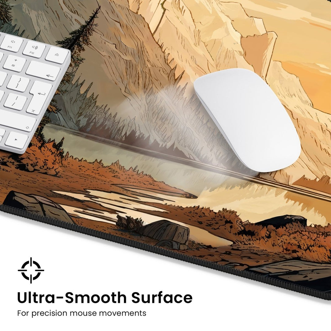 Home Decor - A white computer mouse and keyboard are placed on the Mountain Desk Mat – Large Nature Desk Mat for Gaming & Office, featuring a scenic forest and valley design with a reflective lake and trees. The text on the image reads "Ultra - Smooth Surface - For precision mouse movements. Perfect for nature - inspired decor. - Kaladyn Designs