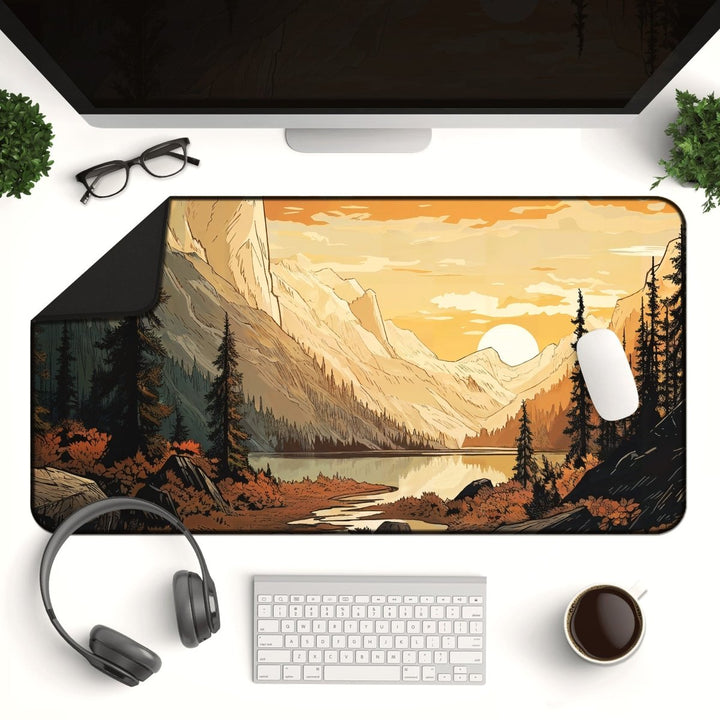 Home Decor - A desk setup featuring a keyboard, mouse, headphones, glasses, and a cup of coffee. The highlight is a large Mountain Desk Mat for Gaming & Office with a scenic forest and valley design. This nature - inspired decor provides a picturesque backdrop to the workspace. Potted plants flank the monitor. - Kaladyn Designs