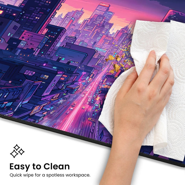 Home Decor - A hand holding a paper towel wipes a surface with a colorful neon cityscape design, reminiscent of a vibrant city at sunset. Text in the image reads: "Easy to Clean. Quick wipe for your Neon City Desk Mat - Anime Gaming Mouse Pad & Vaporwave Aesthetic Decor to ensure a spotless workspace. - Kaladyn Designs