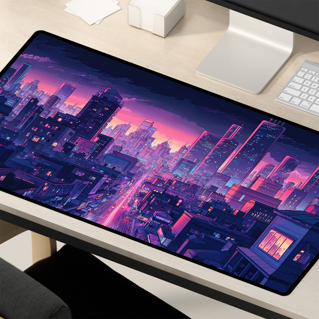 Home Decor - Experience the vibrant dusk cityscape of the Neon City Desk Mat, featuring tall buildings and a glowing skyline in pink and purple hues. This anime gaming mouse pad with a vaporwave aesthetic brings flair to your desk, making it an ideal addition beside your keyboard and monitor for both work and gaming. - Kaladyn Designs