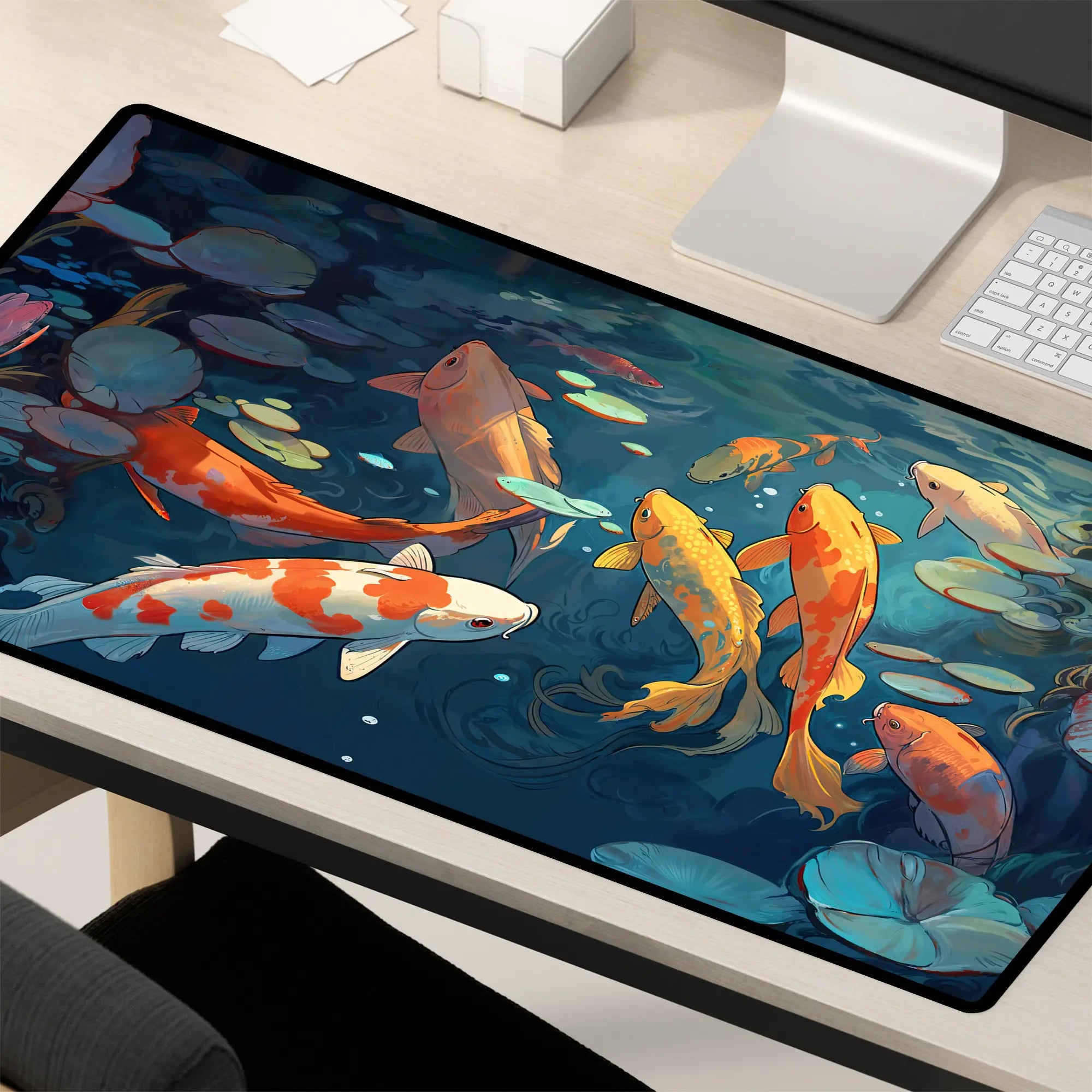 Desk mat featuring a vibrant illustration of koi fish swimming in a serene pond with lily pads, placed on a modern office desk beside a computer monitor and keyboard.