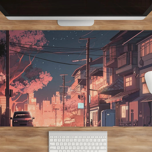 Lofi Anime Desk Mat: Tokyo Sakura Night Scene | Gaming Mousepad for Kawaii Lovers