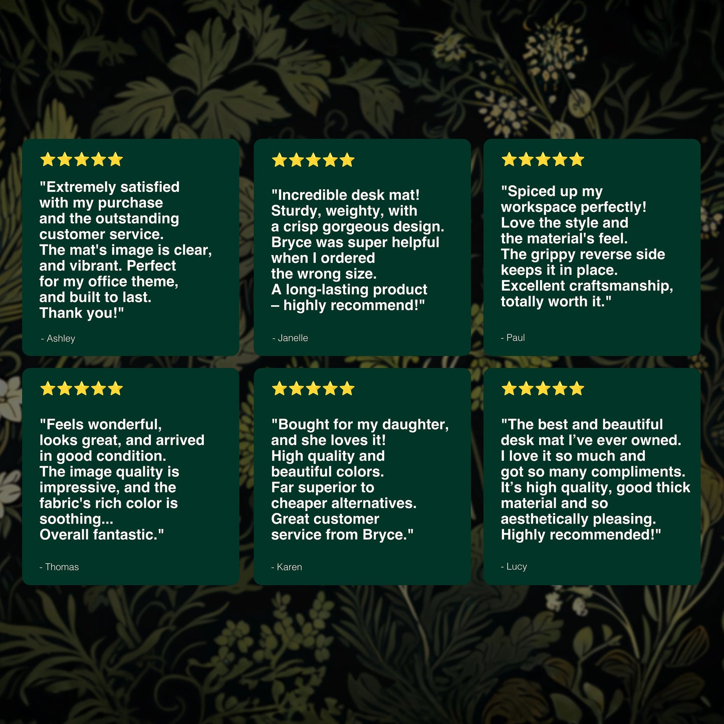 Graphic displaying six five-star customer reviews for desk mats, highlighting customer satisfaction with product quality, design, and customer service.