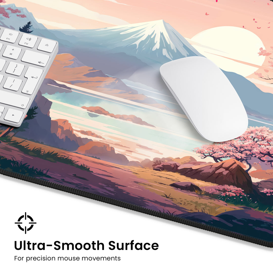 A sleek white mouse and keyboard rest on the Cherry Blossom Anime Desk Mat, which is adorned with a scenic illustration featuring mountains, a lake, and a sakura design. The mat's ultra-smooth surface ensures precision in mouse movements while embodying kawaii aesthetics.