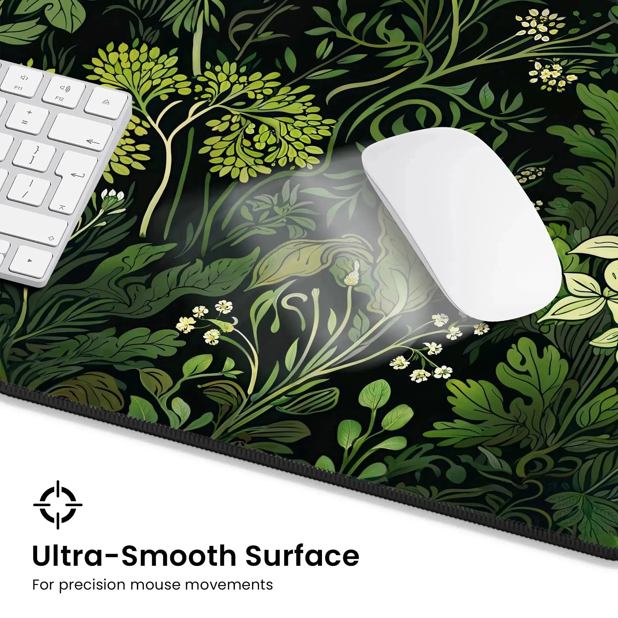 A white keyboard and mouse rest on a spacious Floral Sage Green Botanical Desk Mat, which features an intricate green foliage design inspired by Art Nouveau. The text "Ultra-Smooth Surface for precision mouse movements" is displayed in the bottom left corner of the image.