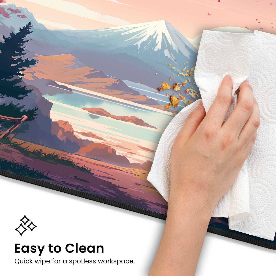 A hand uses a paper towel to clean crumbs off the Cherry Blossom Anime Desk Mat, which features a sakura design with scenic mountains and a lake at sunset. The text reads, "Easy to Clean - Quick wipe for a spotless workspace.