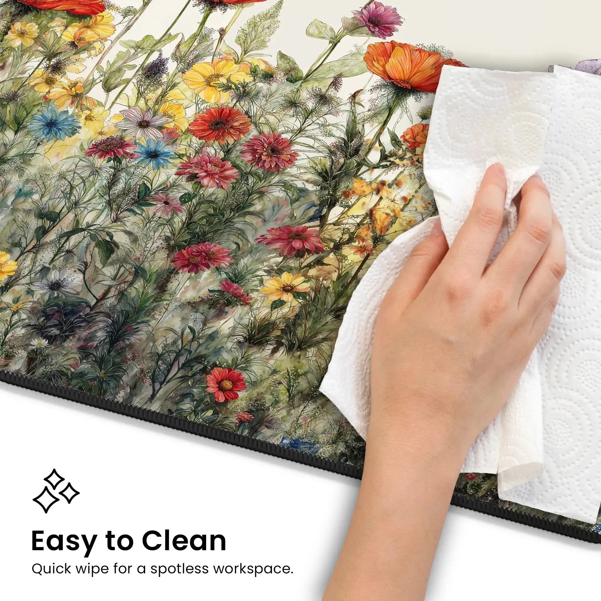 A hand is wiping a Cottagecore XL Desk Mat - Cute Floral Mouse Pad and Keyboard Mat with a paper towel. The mat showcases a vibrant design with various watercolor flowers. The text on the image reads, "Easy to Clean - Quick wipe for a spotless workspace.