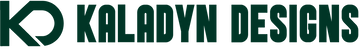 The image displays a logo for "Kaladyn Designs." The logo features the initials "KD" stylized with a circular and a diagonal line design on the left side, followed by the words "KALADYN DESIGNS" in bold, uppercase letters. The logo is in dark green.