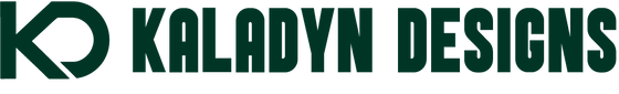 The image displays a logo for "Kaladyn Designs." The logo features the initials "KD" stylized with a circular and a diagonal line design on the left side, followed by the words "KALADYN DESIGNS" in bold, uppercase letters. The logo is in dark green.