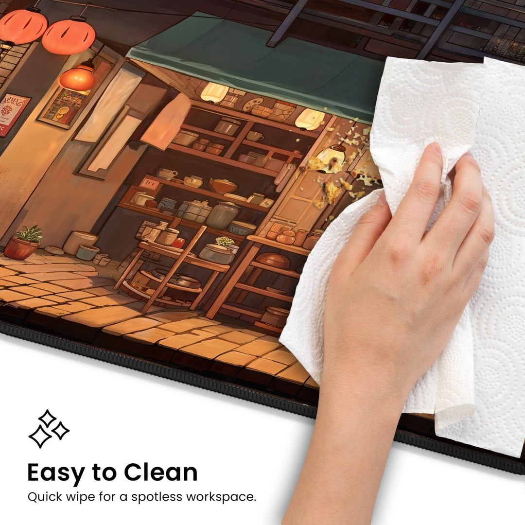 Home Decor - A hand uses a paper towel to wipe the surface of an Anime Shop Desk Mat - Lofi Aesthetic, which features an illustrated scene of a cozy, lantern - lit shop. Text reads: "Easy to Clean - Quick wipe for a spotless workspace." The scene includes shelves with various ceramic items and a wooden door. - Kaladyn Designs