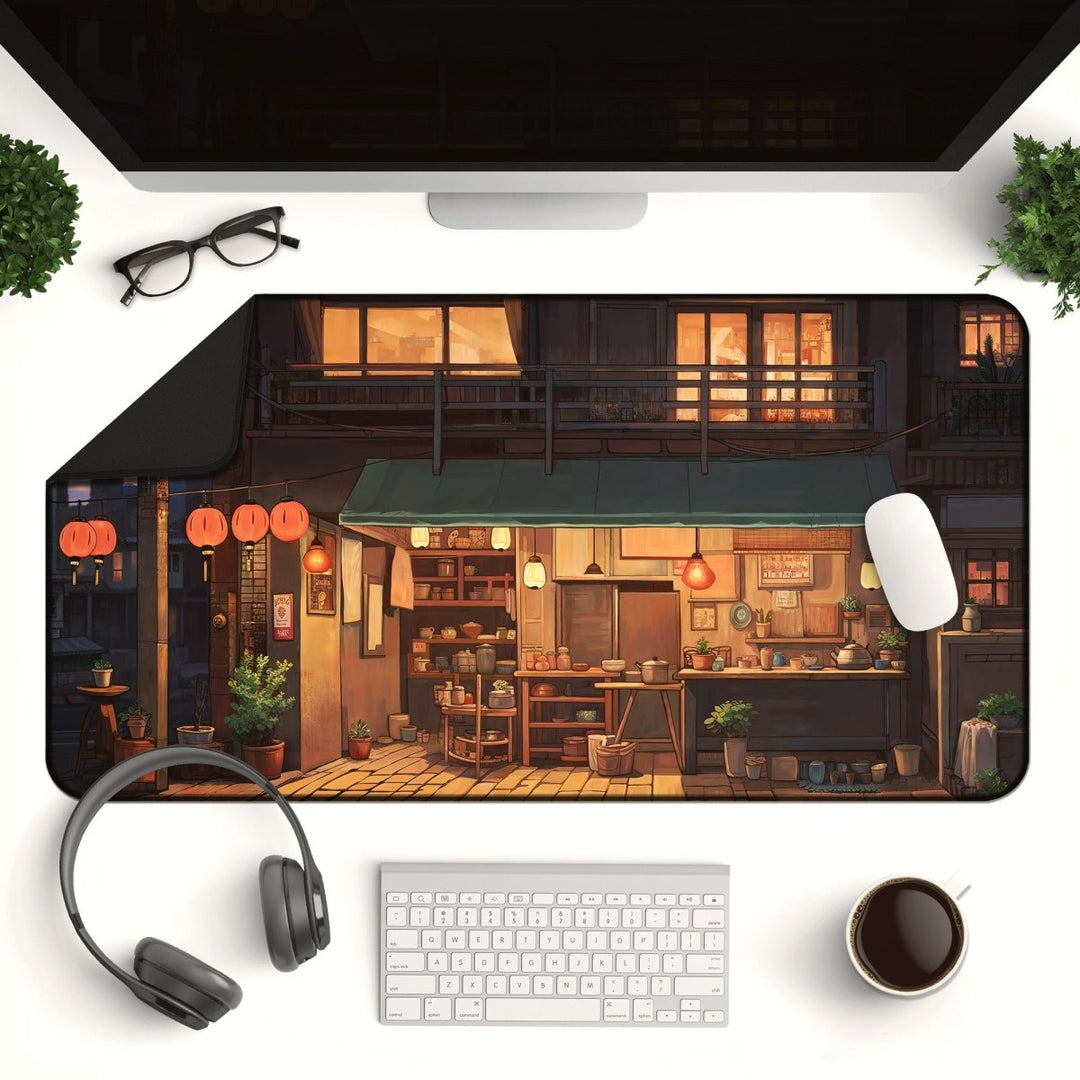 Home Decor - A computer desk setup includes a monitor, keyboard, mouse, headphones, a cup of coffee, and two small potted plants. The Anime Shop Desk Mat - Lofi Aesthetic features a cozy nighttime street scene with a warmly lit storefront adorned with hanging lanterns and various items displayed outside. - Kaladyn Designs