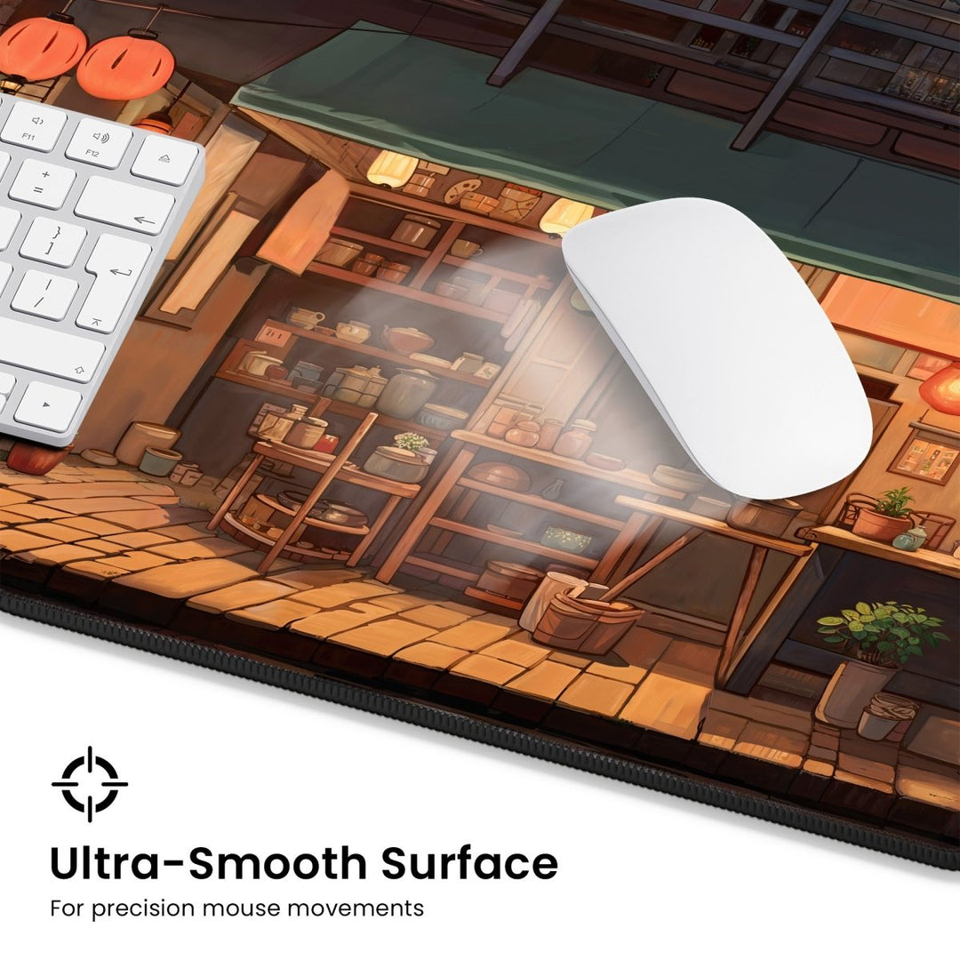 Home Decor - A close - up of a desk setup shows part of a keyboard and a white computer mouse on an ultra - smooth Anime Shop Desk Mat featuring an illustrated marketplace scene. The background of the marketplace illustration includes various items on wooden shelves and tables. Text in the image reads, "Ultra - Smooth Surface. For precision mouse movements. - Kaladyn Designs