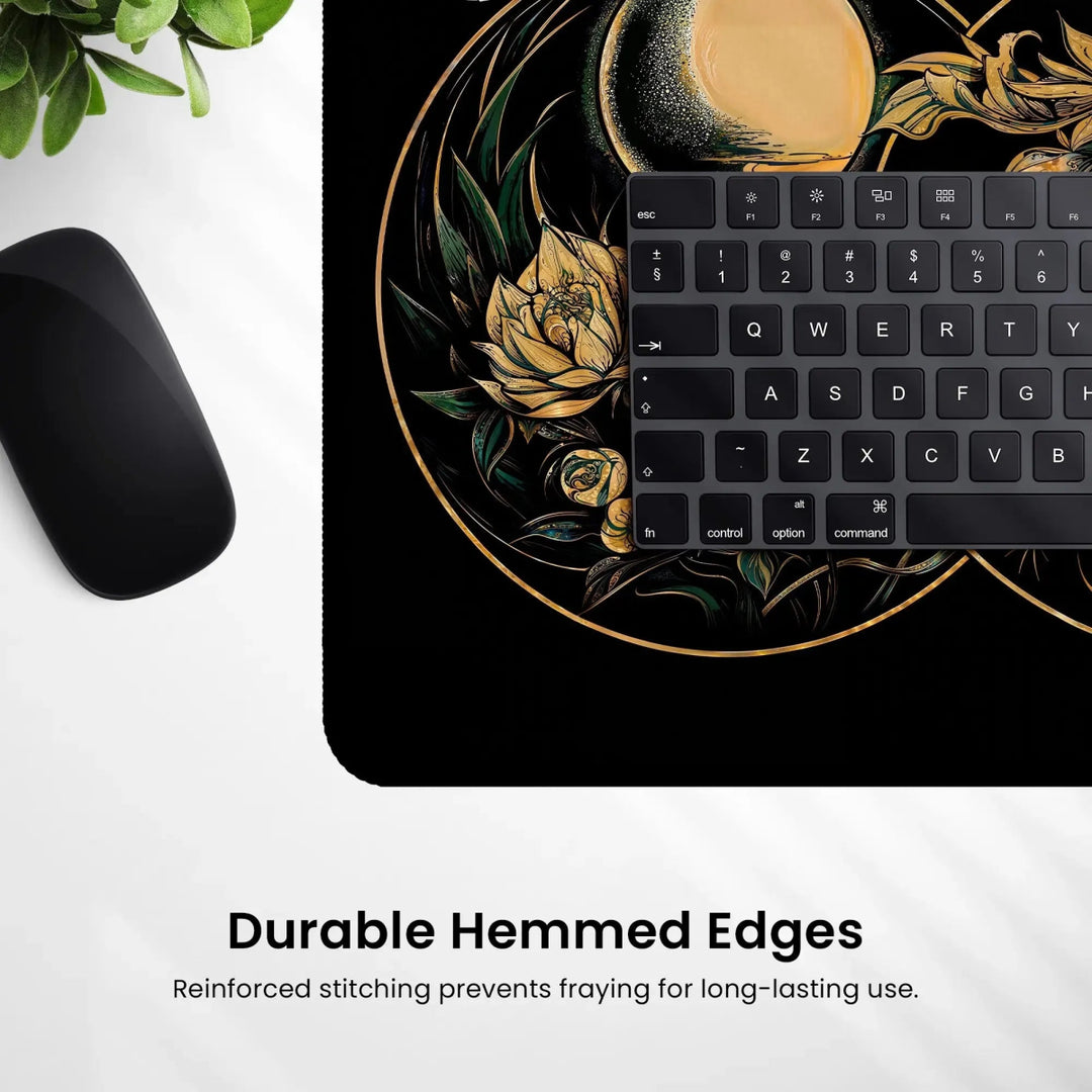 A black keyboard partially covers the Art Nouveau Celestial Moon Desk Mat – Witch Aesthetic Gaming Mouse Pad, which showcases a mystical floral and moon design in gold and green. To the left, there is a black computer mouse and a green plant. At the bottom, text reads, "Durable Hemmed Edges - Reinforced stitching prevents fraying for long-lasting use.