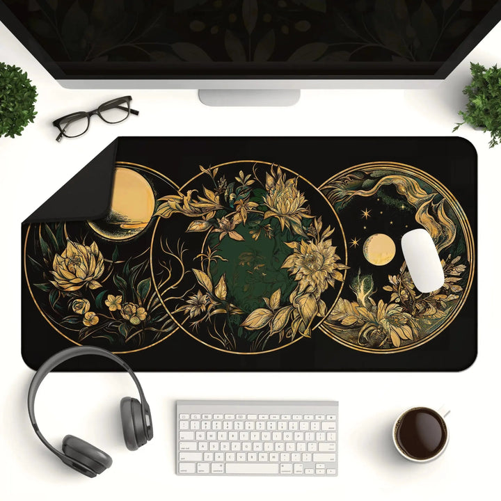 A computer monitor sits on a desk with a keyboard, headphones, coffee mug, and glasses. The Art Nouveau Celestial Moon Desk Mat – Witch Aesthetic Gaming Mouse Pad features a black and gold design with botanical and mystical motifs including flowers, leaves, the moon, and stars. The mouse is placed on the mat.