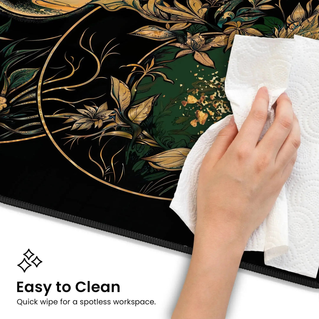 A hand is seen wiping a surface with a paper towel. The intricate Art Nouveau design on the Celestial Moon Desk Mat features gold leaves on a dark green background. Text at the bottom reads, "Easy to Clean - Quick wipe for a spotless workspace." Ideal for your Witch Aesthetic Gaming Mouse Pad.
