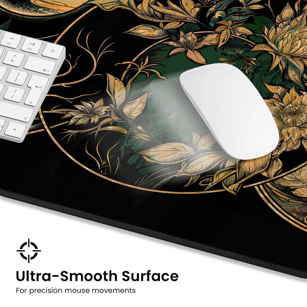 A white computer keyboard and mouse rest on a large black Art Nouveau Celestial Moon Desk Mat – Witch Aesthetic Gaming Mouse Pad, adorned with intricate gold and green floral designs. Text reads: "Ultra-Smooth Surface for precision mouse movements.