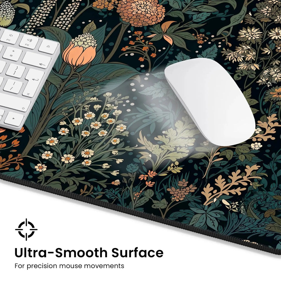 A white computer keyboard and mouse are placed on a large Dark Cottagecore Botanical Desk Mat with a detailed floral pattern featuring various flowers and leaves. The text reads, "Ultra-Smooth Surface for precision mouse movements."
