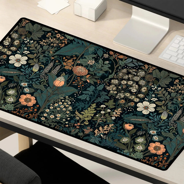 A computer desk adorned with the Dark Cottagecore Botanical Desk Mat, featuring a large floral pattern in green, orange, and cream colors. The aesthetic is enhanced by a computer monitor, keyboard, and a white paper with a pen beside it.