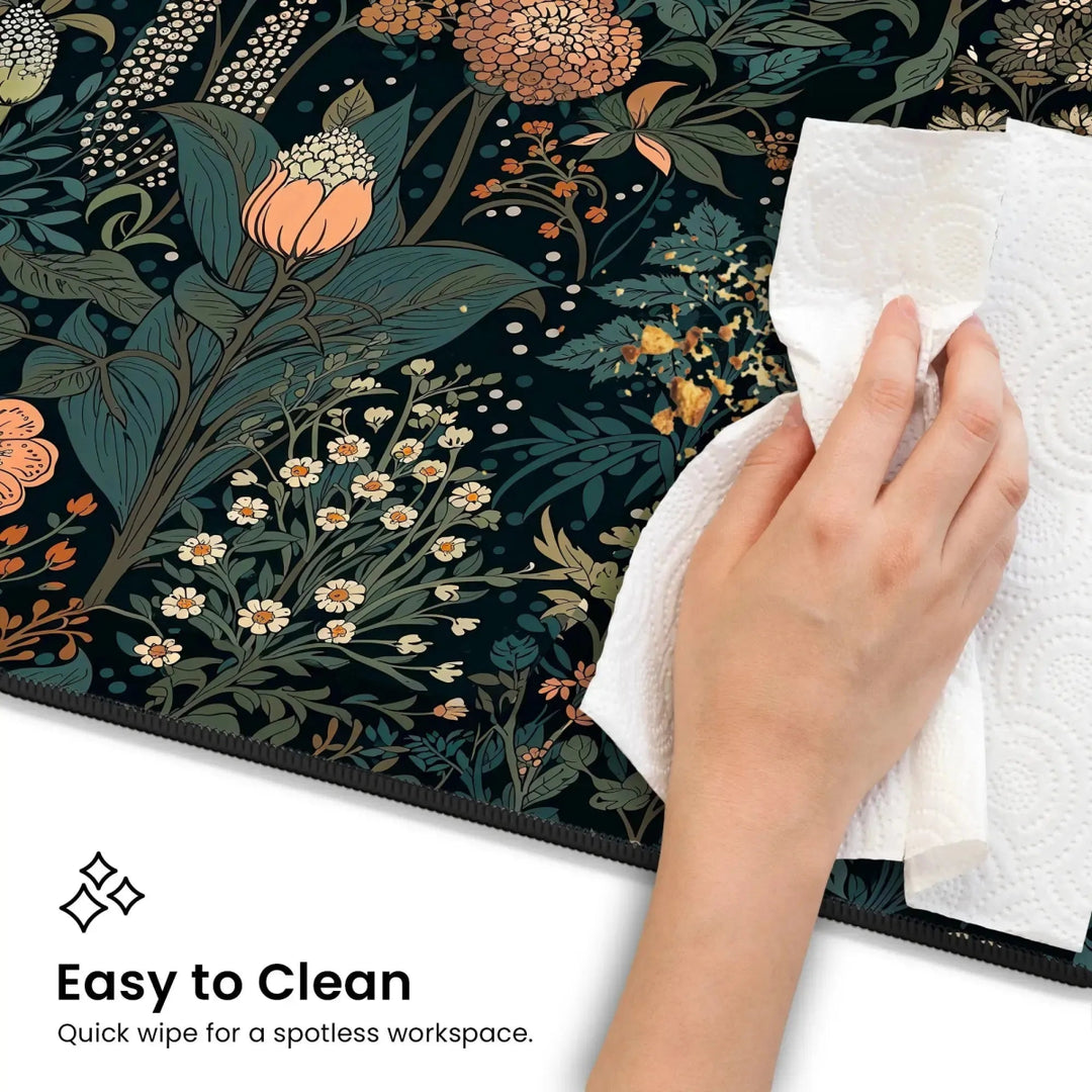 A hand is shown wiping a floral-patterned surface on the Dark Cottagecore Botanical Desk Mat with a paper towel. Below the image, text reads "Easy to clean - Quick wipe for a spotless workspace." The background design includes various flowers and leaves in muted colors against a dark cottagecore aesthetic.