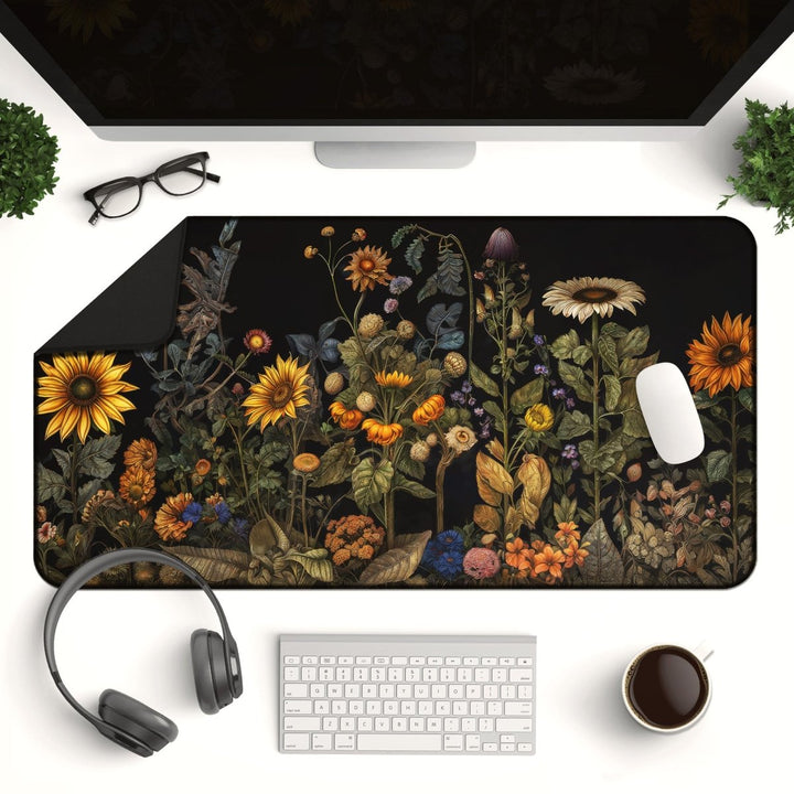Home Decor - A top - down view of a computer workstation showcases the Botanical Desk Mat – Vintage Floral Design Large Mouse Pad for Office & Gaming, adorning the desk with its colorful vintage floral design. The setup features a monitor, keyboard, mouse, headphones, a cup of coffee, eyeglasses, and two small potted plants. - Kaladyn Designs