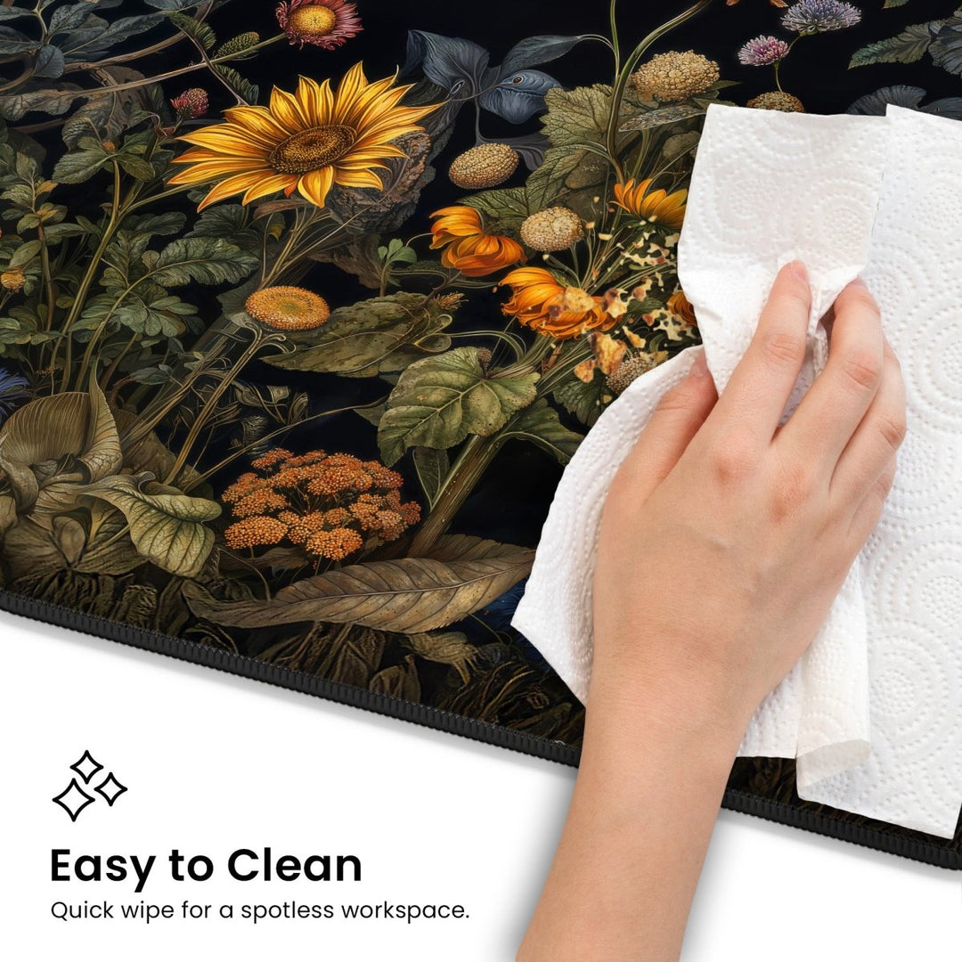 Home Decor - A hand holding a paper towel wipes a colorful, floral - patterned desk mat. Below, text reads "Easy to Clean - Quick wipe for a spotless workspace." The Botanical Desk Mat – Vintage Floral Design Large Mouse Pad for Office & Gaming features detailed illustrations of various flowers and foliage against a dark background. - Kaladyn Designs