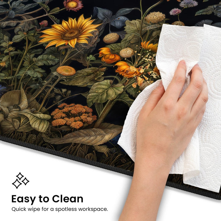 Home Decor - A hand holding a paper towel wipes a colorful, floral - patterned desk mat. Below, text reads "Easy to Clean - Quick wipe for a spotless workspace." The Botanical Desk Mat – Vintage Floral Design Large Mouse Pad for Office & Gaming features detailed illustrations of various flowers and foliage against a dark background. - Kaladyn Designs