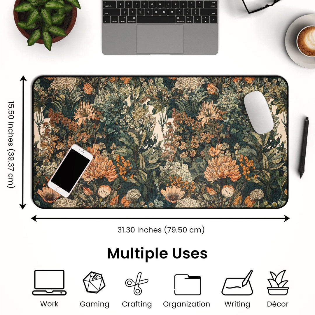 Home Decor - A Botanical Desk Mat with a vintage floral design, measuring 31.30 x 15.50 inches, enhances a desk along with a laptop, phone, and mouse. Icons below emphasize its versatility as an essential accessory for work, gaming, crafting, and organization. - Kaladyn Designs