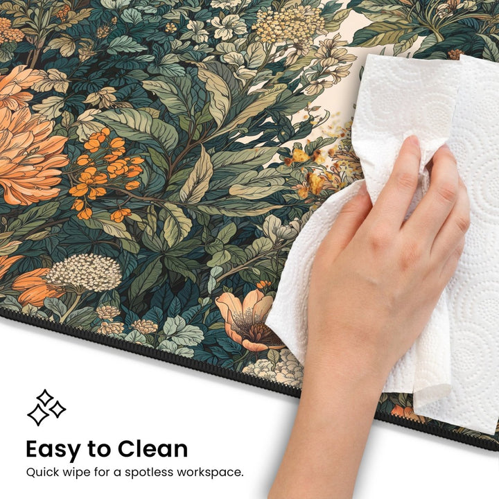 Home Decor - A hand wipes the Botanical Desk Mat – Vintage Floral Large Mouse Pad for Office and Gaming with a paper towel. Text reads "Easy to Clean - Quick wipe for a spotless workspace." The desk mat showcases an elegant design with green leaves and orange flowers, making it a stylish addition to any workspace. - Kaladyn Designs