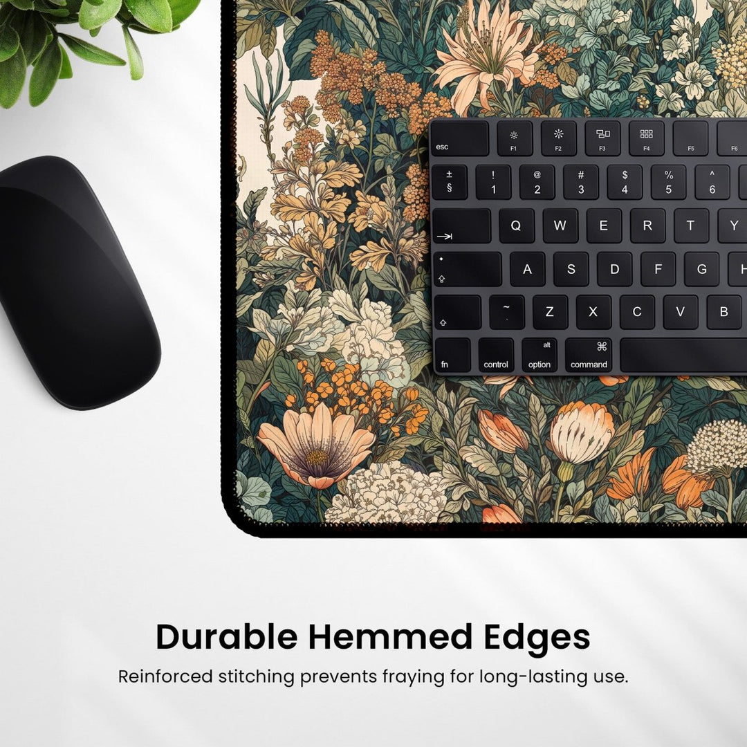 Home Decor - The Botanical Desk Mat, a vintage floral large mouse pad designed for office and gaming, adds charm to your workspace with its elegant pattern. Featuring a black keyboard partially visible on top and a black wireless mouse resting on the left, this accessory boasts "Durable Hemmed Edges" alongside reinforced stitching for long - lasting use. - Kaladyn Designs