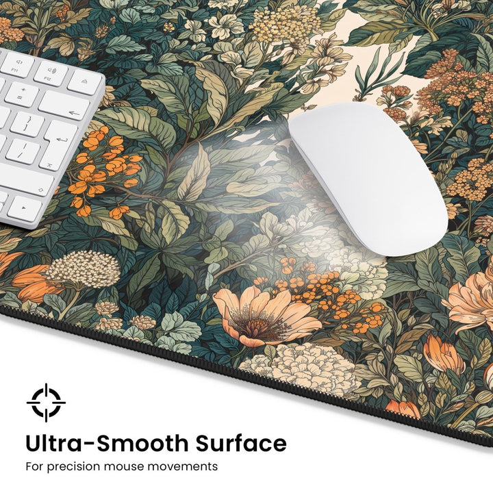 Home Decor - A white mouse and keyboard are placed on the Botanical Desk Mat – Vintage Floral Large Mouse Pad for Office and Gaming, featuring a charming design with green leaves and orange flowers. Below, the text reads, "Ultra - Smooth Surface for precision mouse movements," highlighting its suitability as an ideal workspace accessory. - Kaladyn Designs