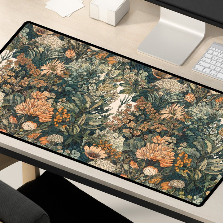 Home Decor - The Botanical Desk Mat – Vintage Floral Large Mouse Pad for Office and Gaming, with its vivid assortment of orange, green, and cream flowers and leaves, adorns a wooden desk beneath a computer monitor and keyboard. This nature - inspired addition brings a touch of botanical decor to the office setting. - Kaladyn Designs